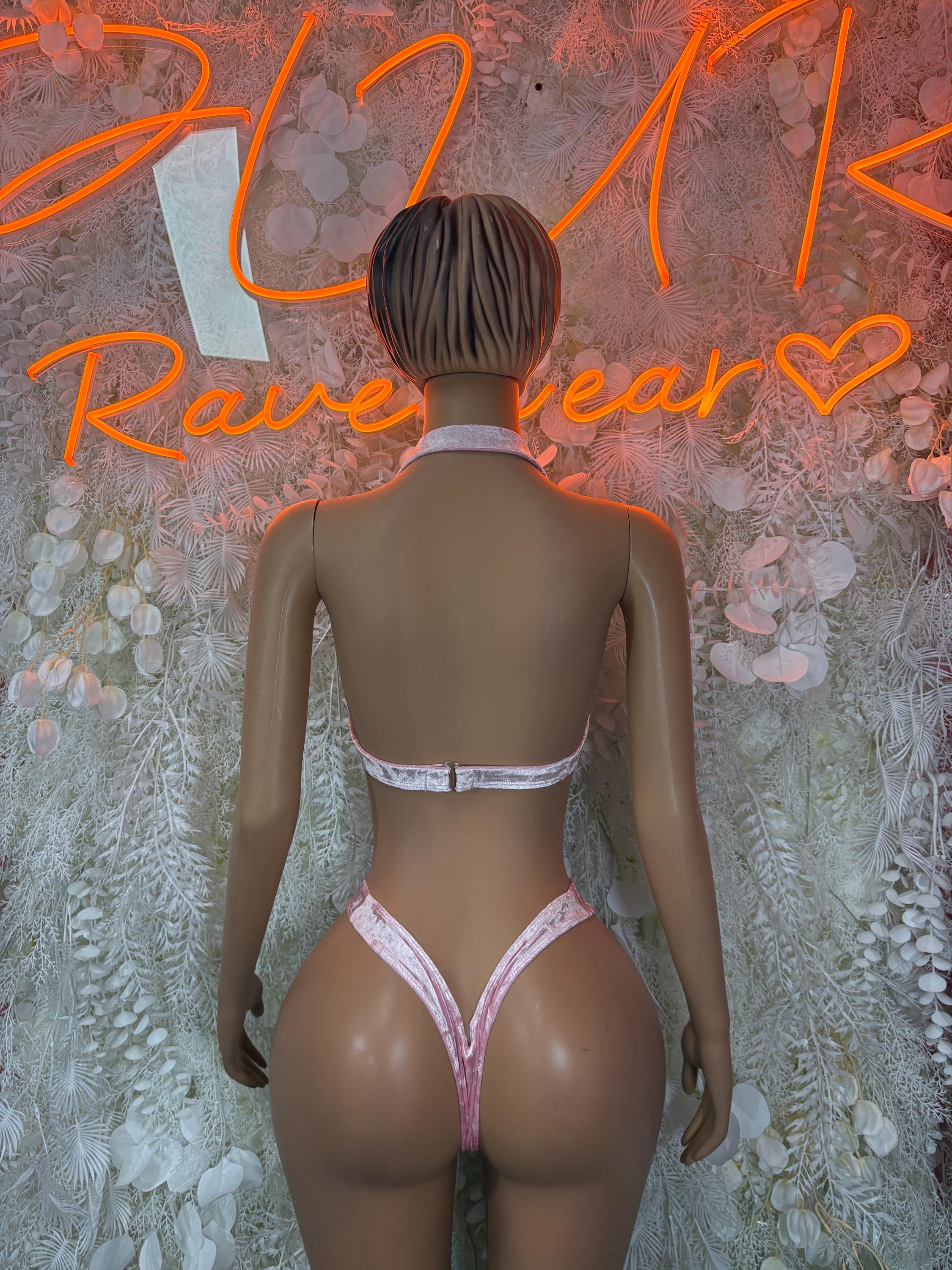 Pink velvet lingerie set, racerback bra and high-cut thong briefs, back view
