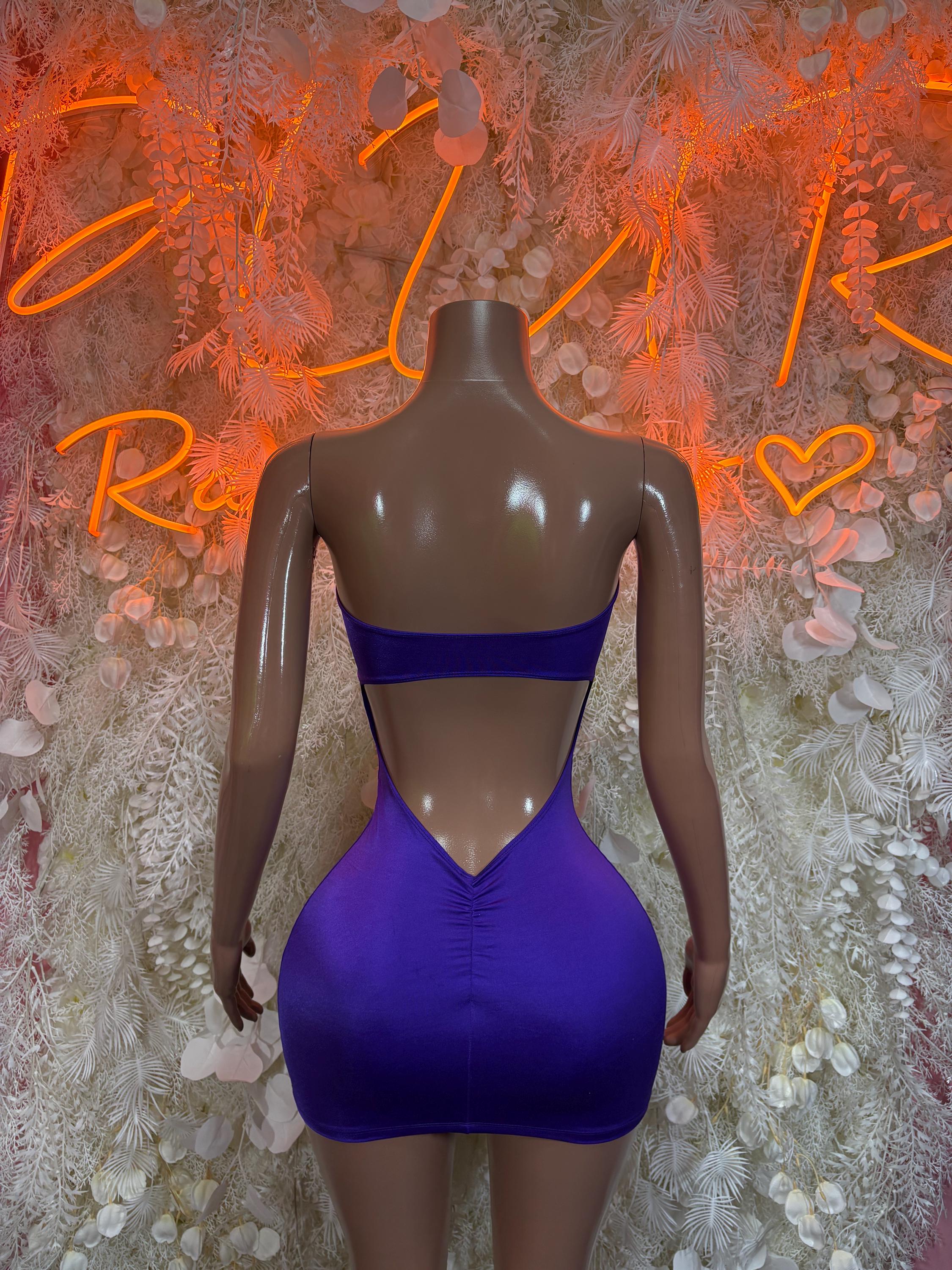 Purple fitted mini dress, low V-back with ruched cups and front button trim