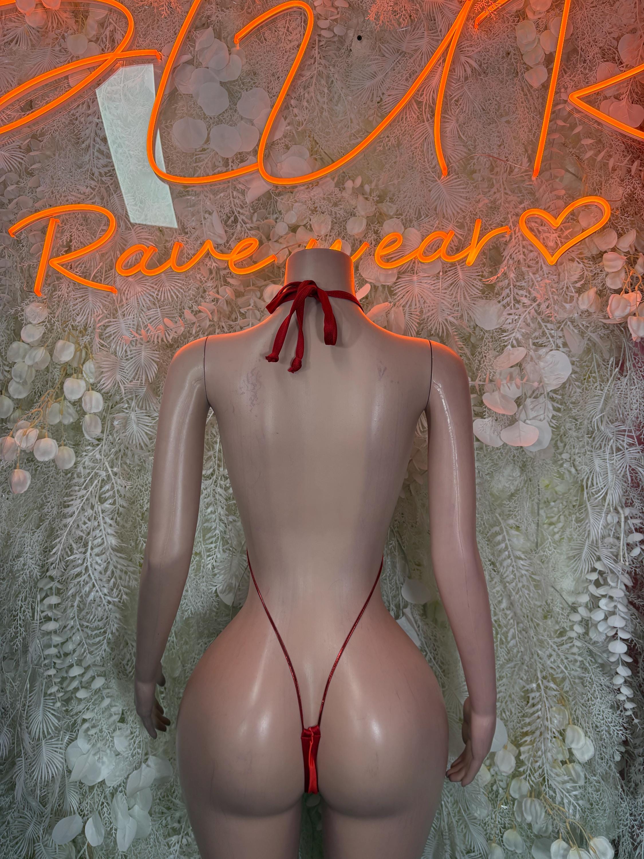 Red backless one-piece lingerie with heart straps and neck tie