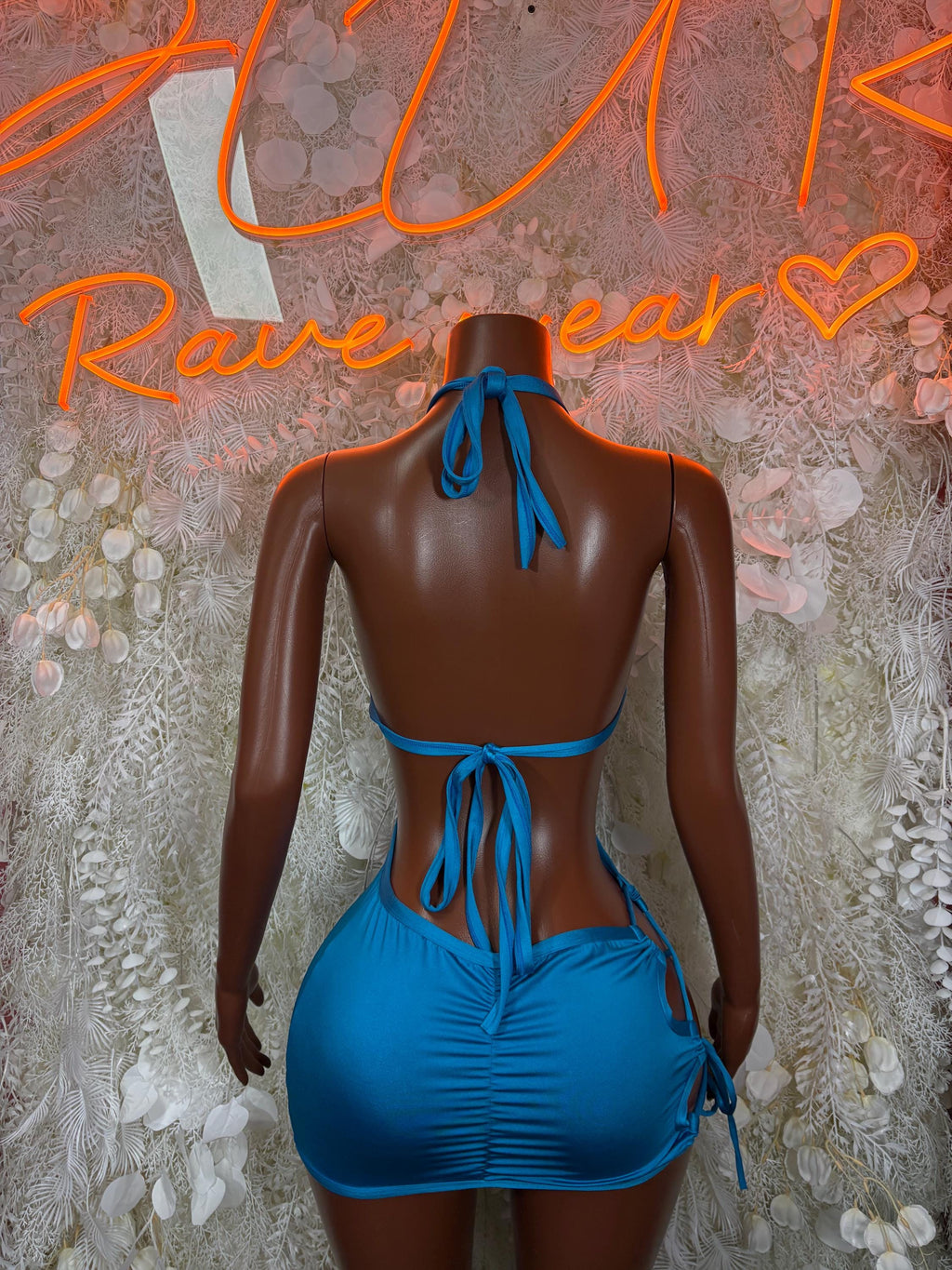 Turquoise one-piece dance dress, open back with tie straps