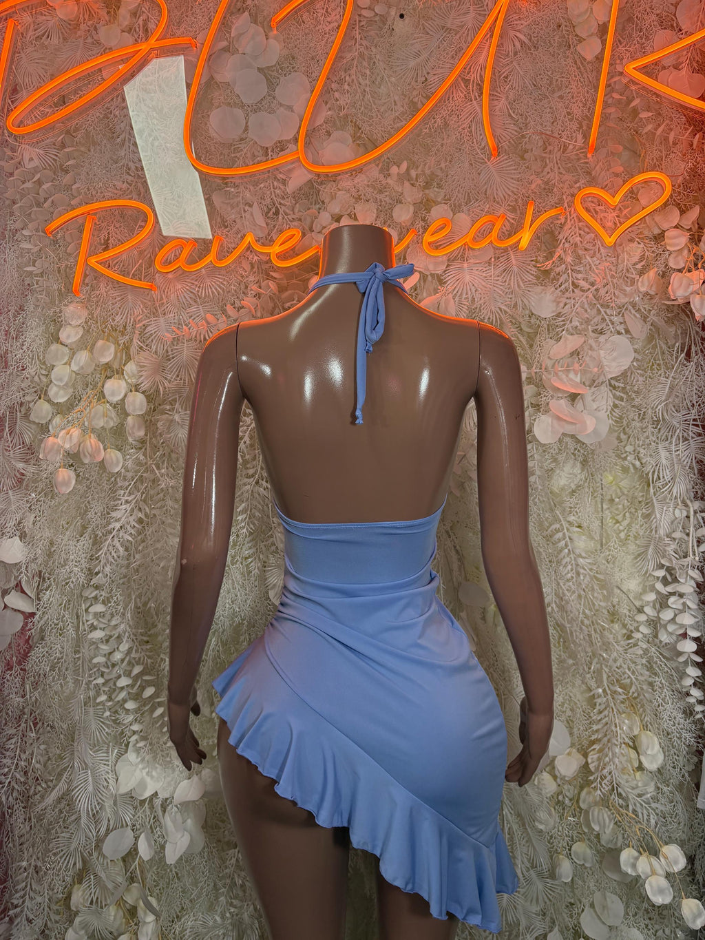 Blue ruffle club dress, open-back with tie at neck and layered hem