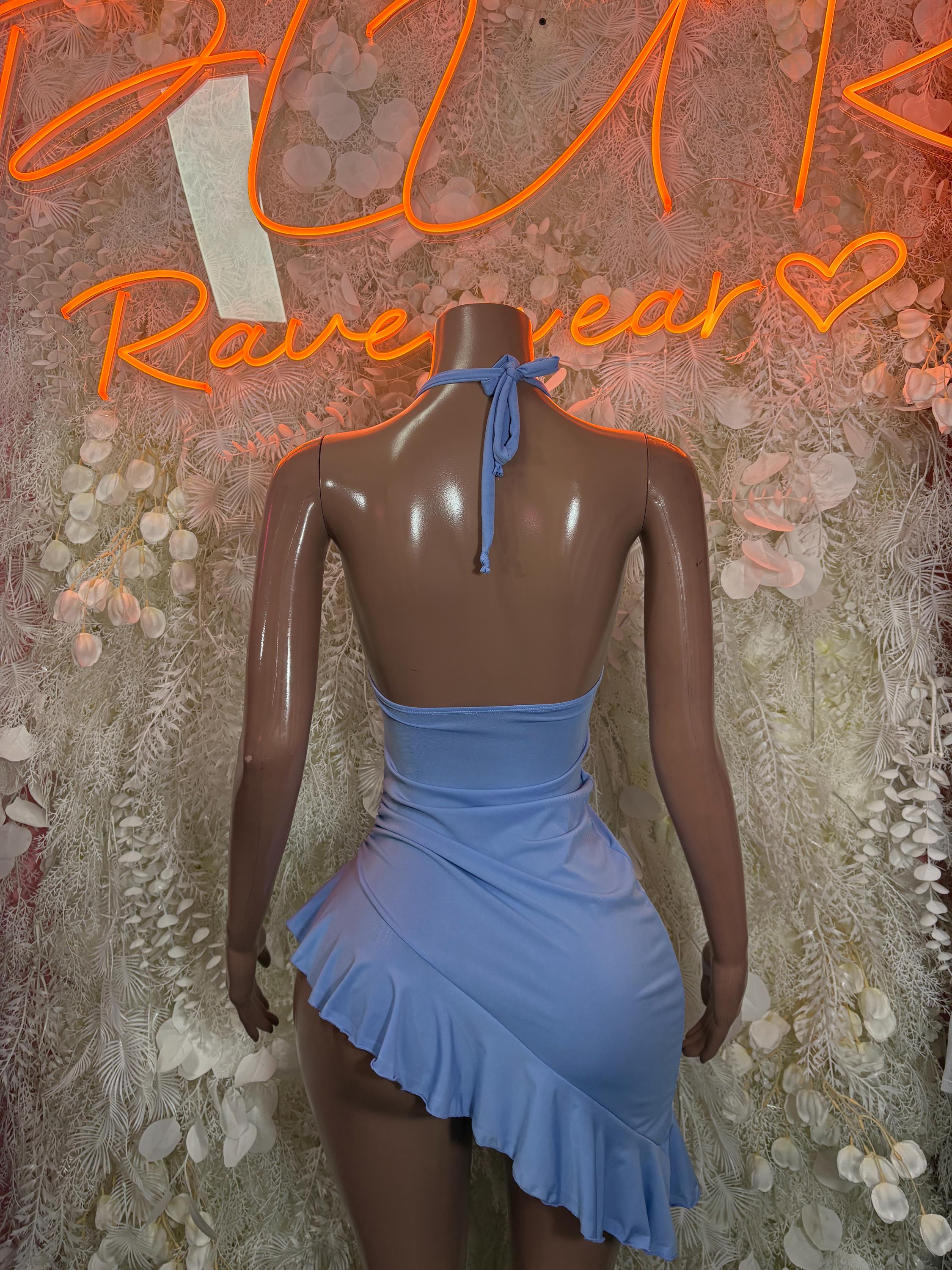 Blue ruffle club dress, open-back with tie at neck and layered hem