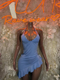 Blue ruffle club dress with spaghetti straps and sweetheart neckline