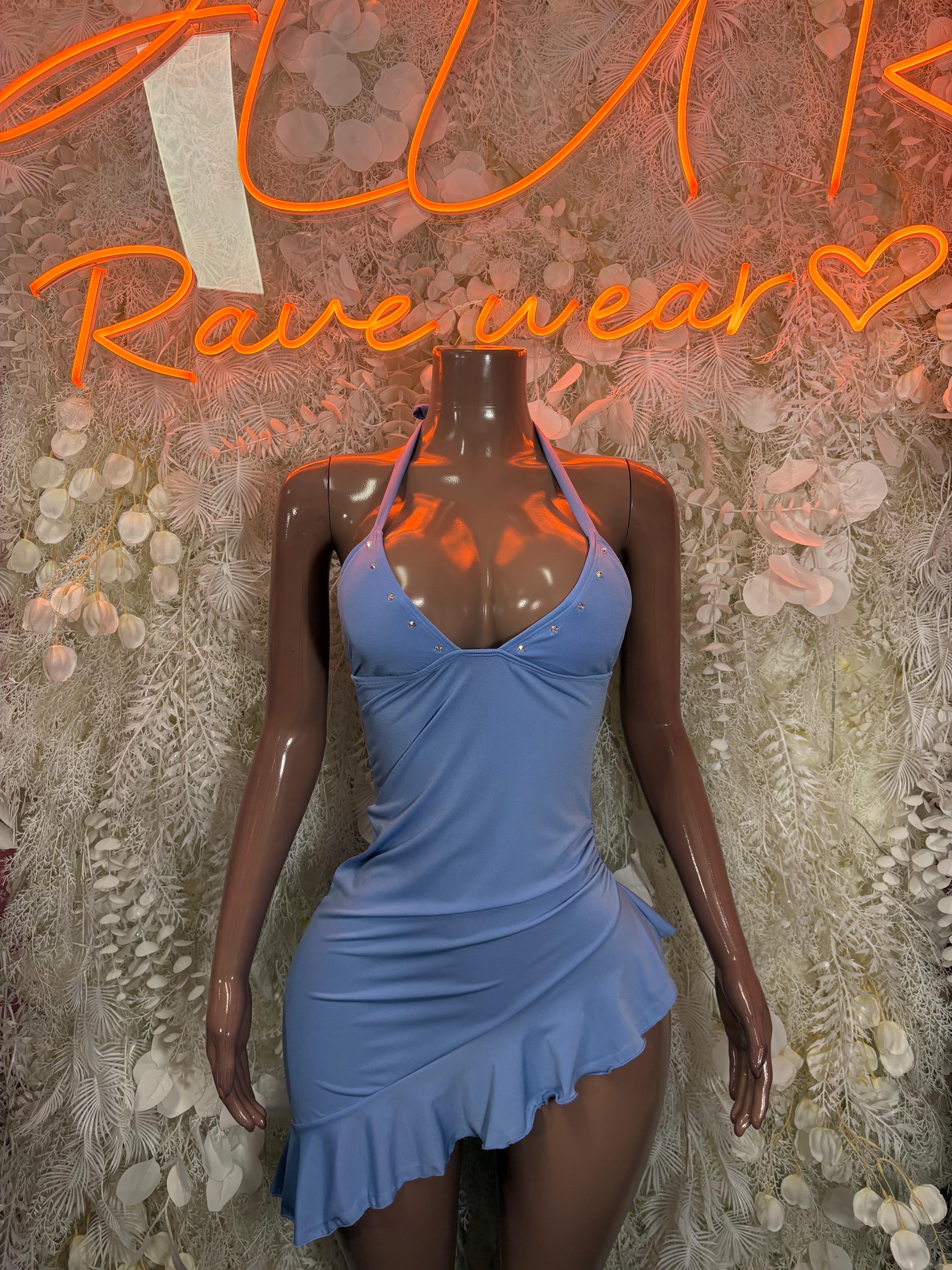 Blue ruffle club dress with spaghetti straps and sweetheart neckline