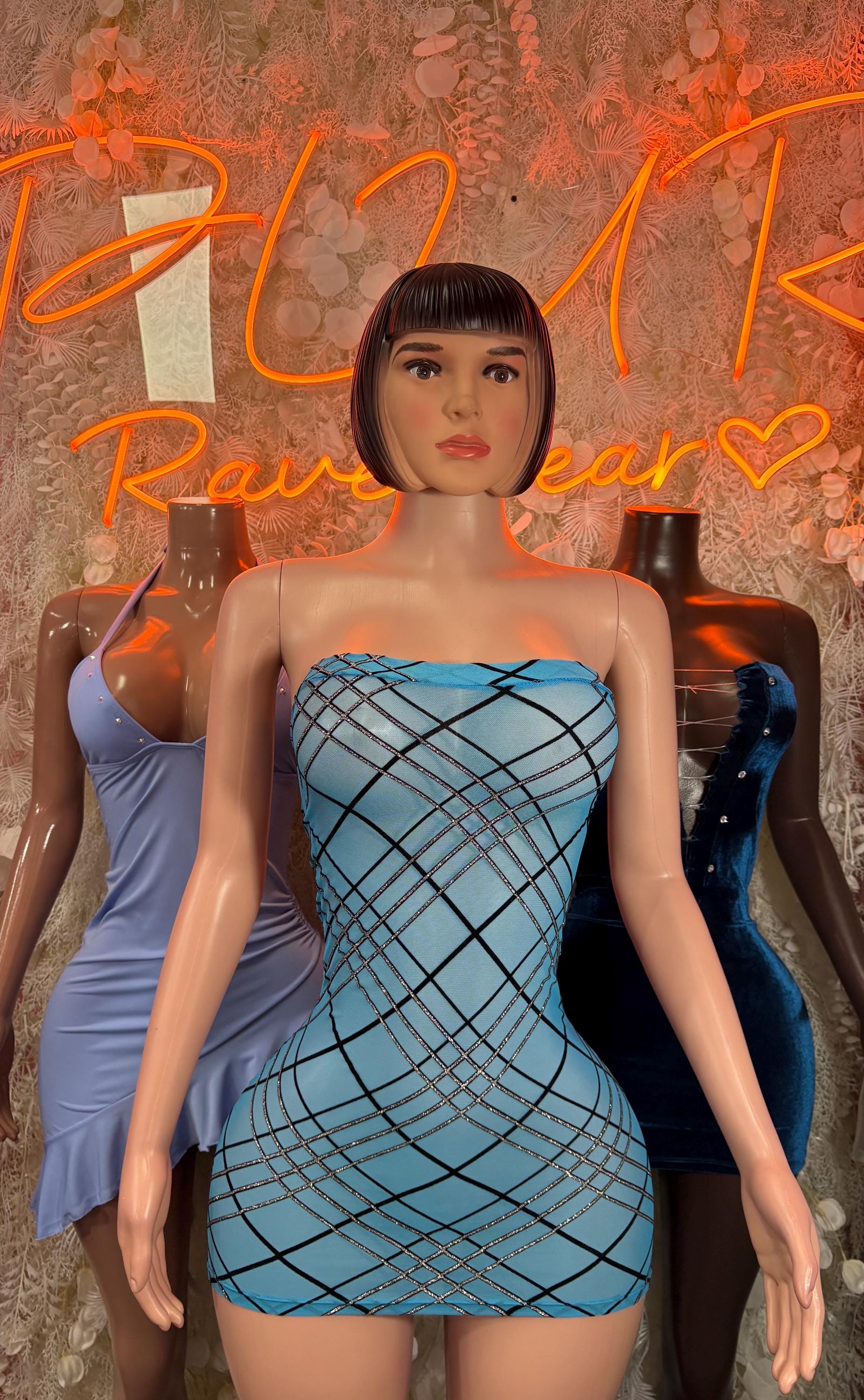 Blue mesh strapless mini dress with black grid pattern, fitted corset look