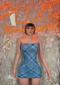 Blue mesh strapless mini dress with black grid pattern and sweetheart neckline