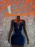 Blue velvet one-piece dress, strapless sweetheart neckline and fitted corset bodice