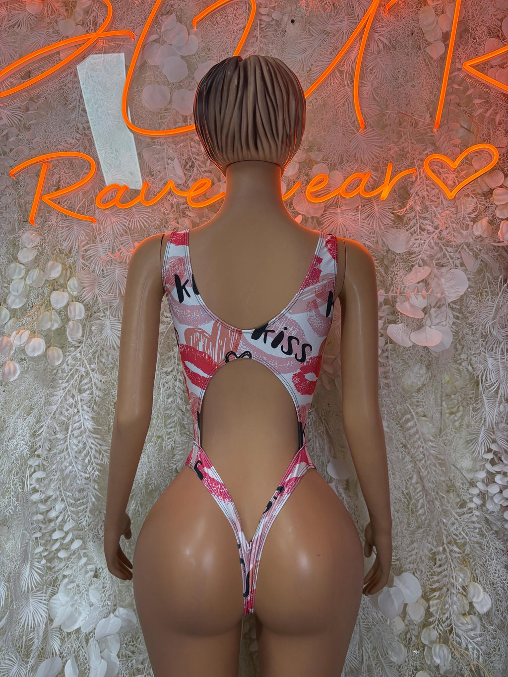 Heart print one-piece swimsuit, thin straps, U-back, black tie bow at front
