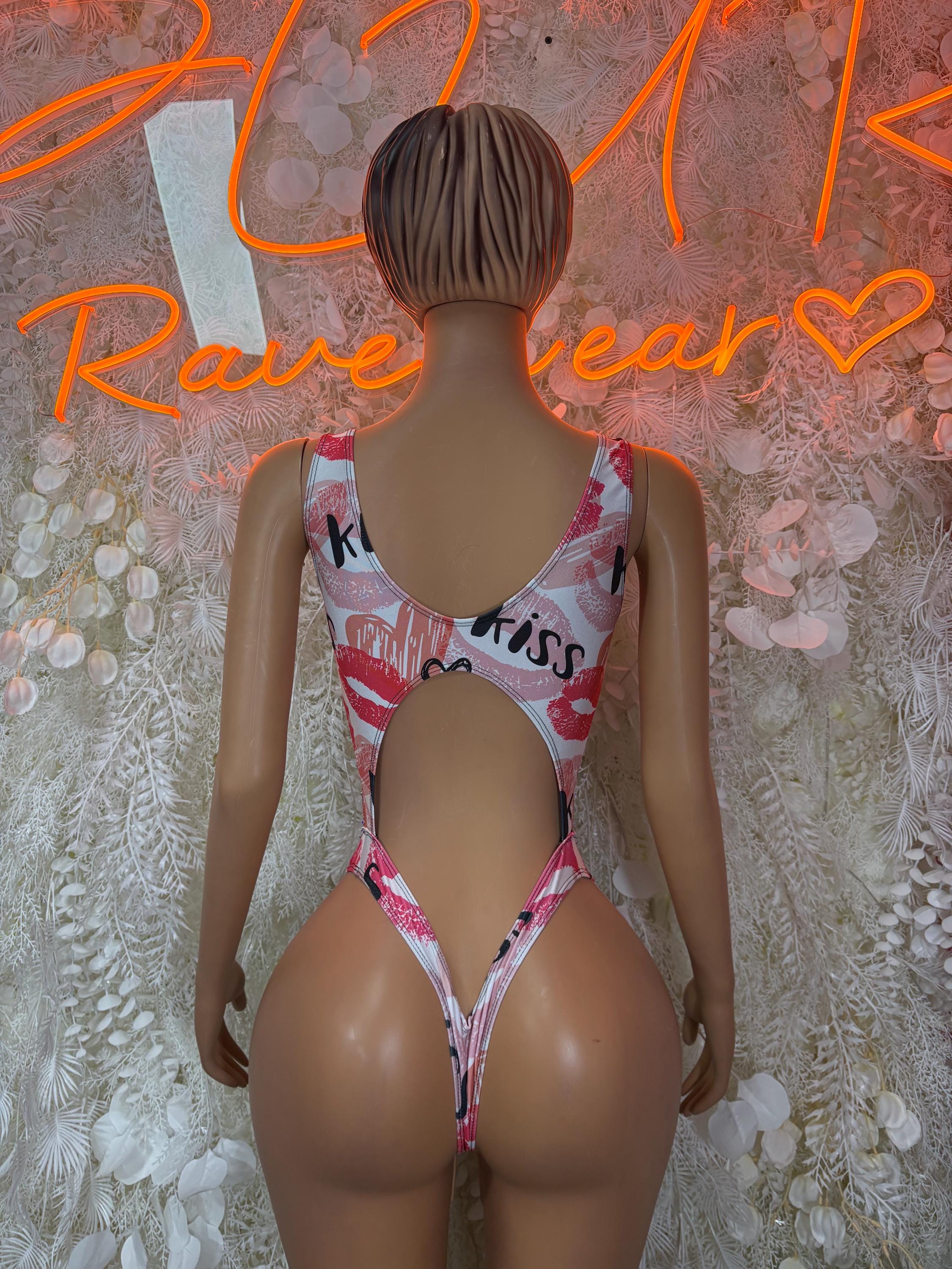 Heart print one-piece swimsuit, thin straps, U-back, black tie bow at front
