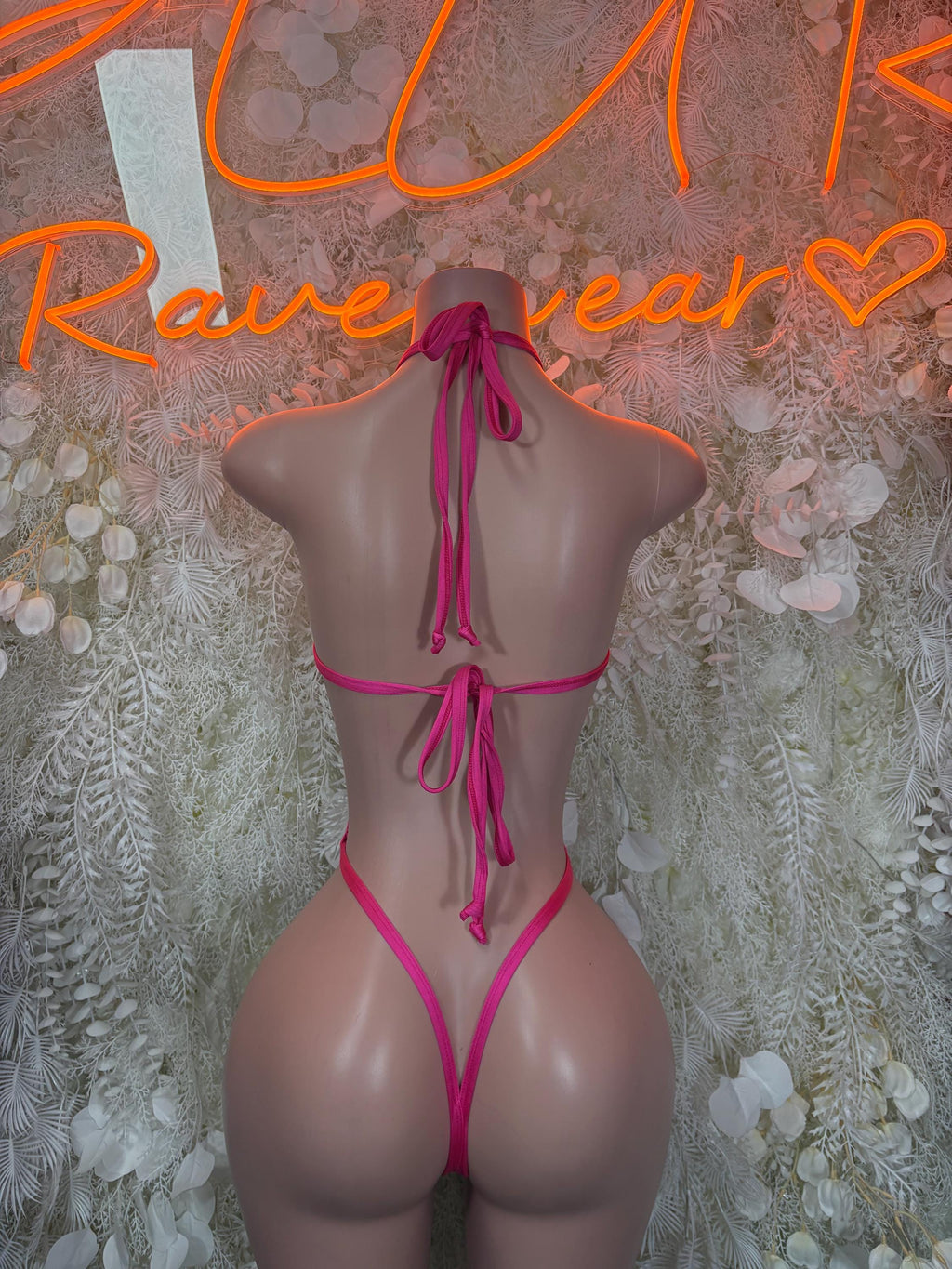 Back-tie one-piece lingerie, pink with heart print and open mid-back
