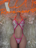 Heart-pattern one-piece lingerie, pink with lace trim and bow-front straps