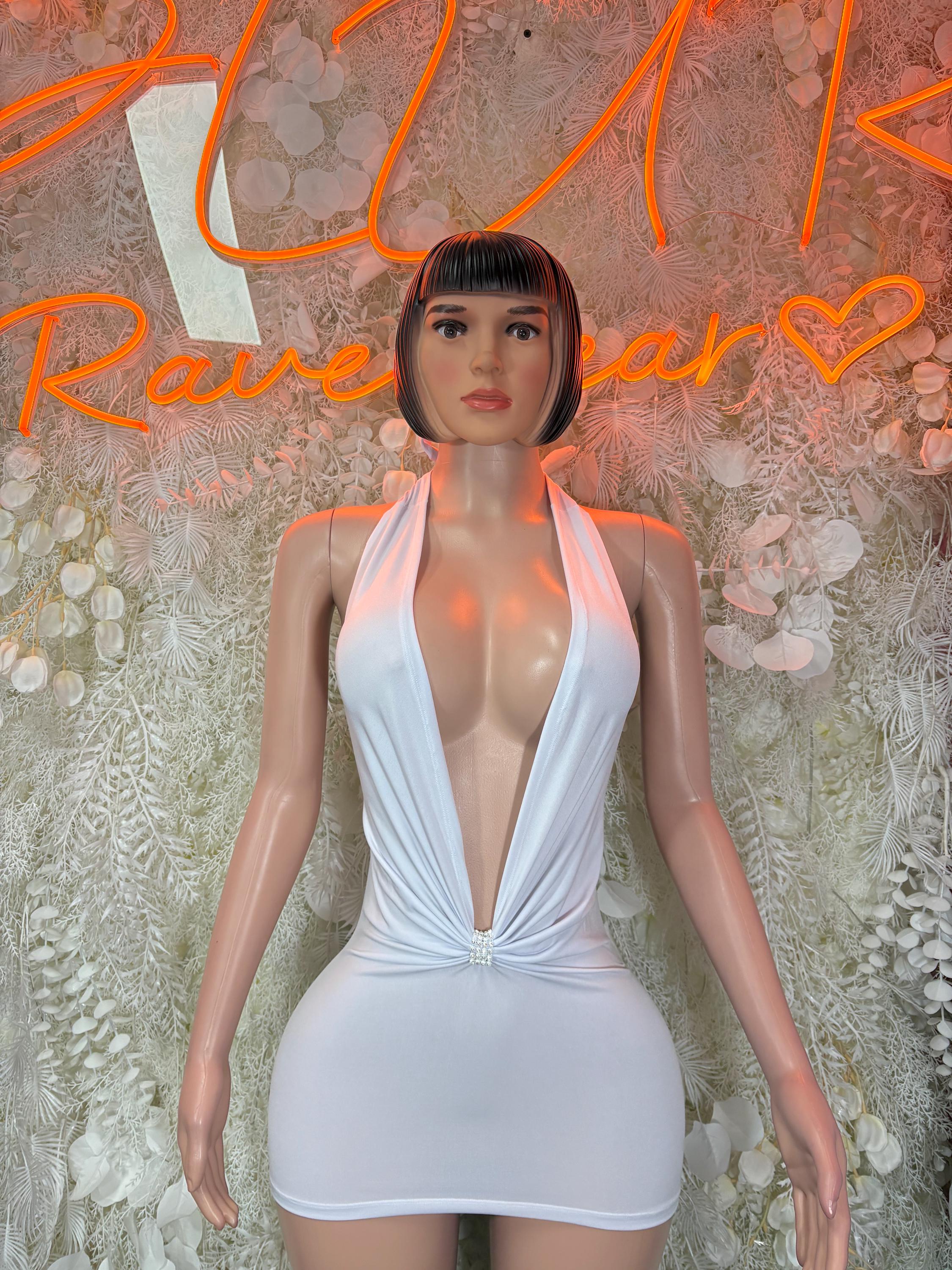 White halter mini dress with deep V neckline and ruched front