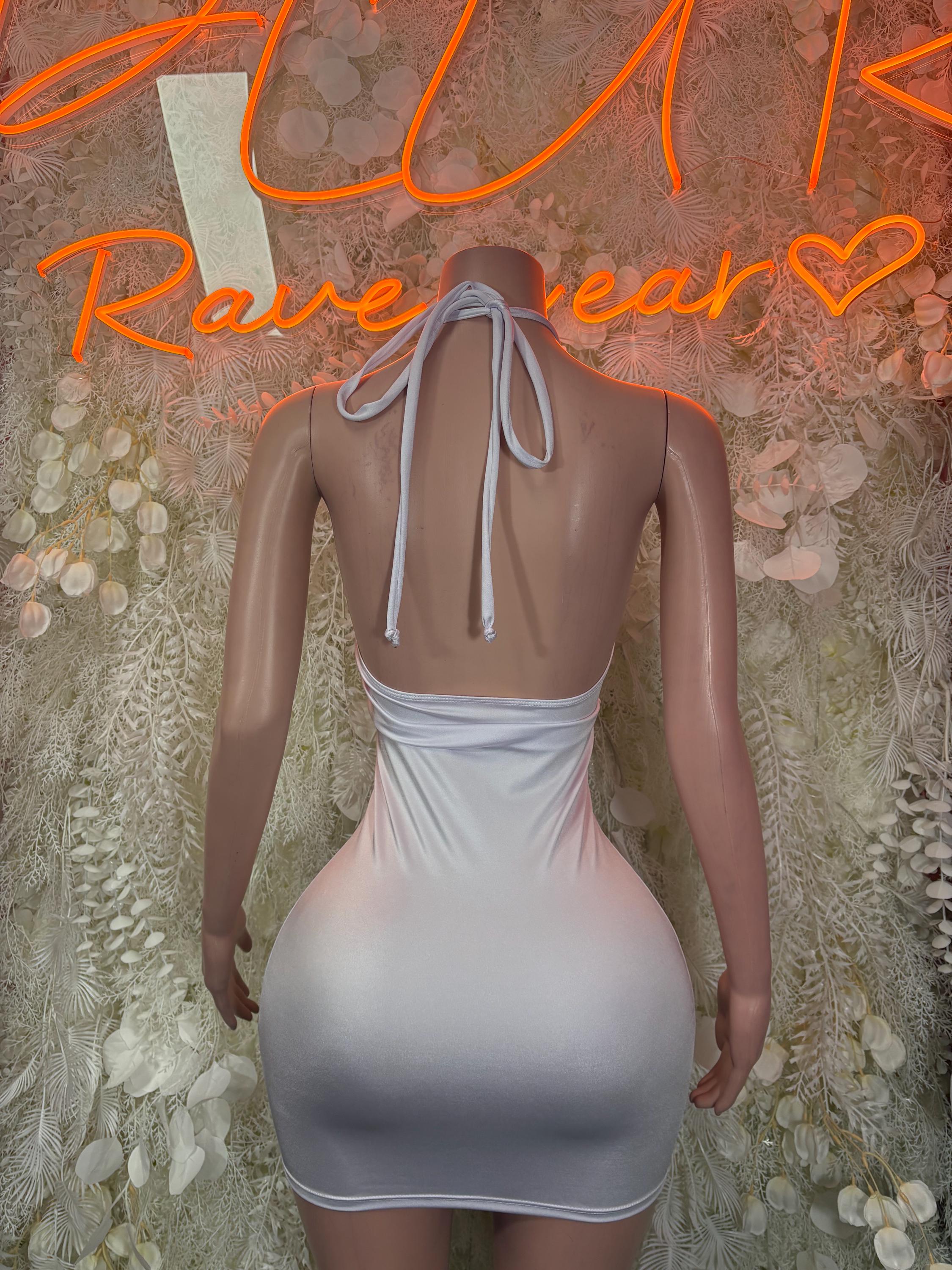 White halter mini dress with open back and tie straps, ruched sides