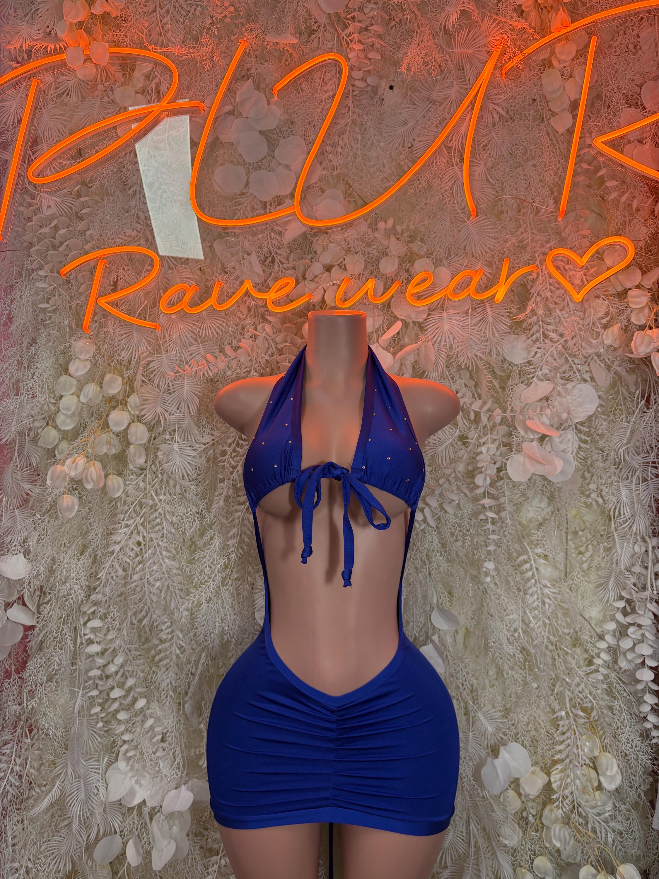 Royal blue halter mini dance dress with tied neckline and ruched front