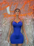 Blue ruched mini one-piece dress with thin straps and front zipper detail