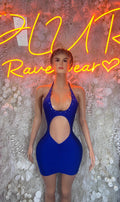Blue cutout halter mini dress, open chest and teardrop waist cutout