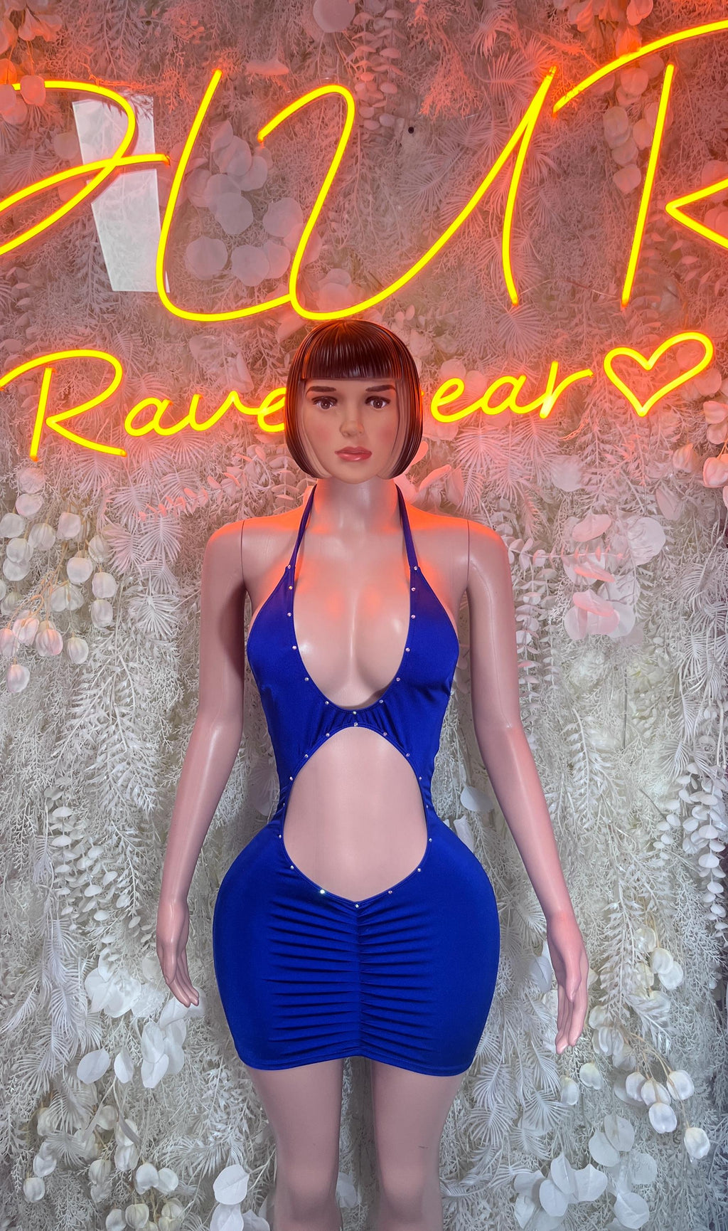 Blue halter club dress with V neckline and cheeky cutout bodice
