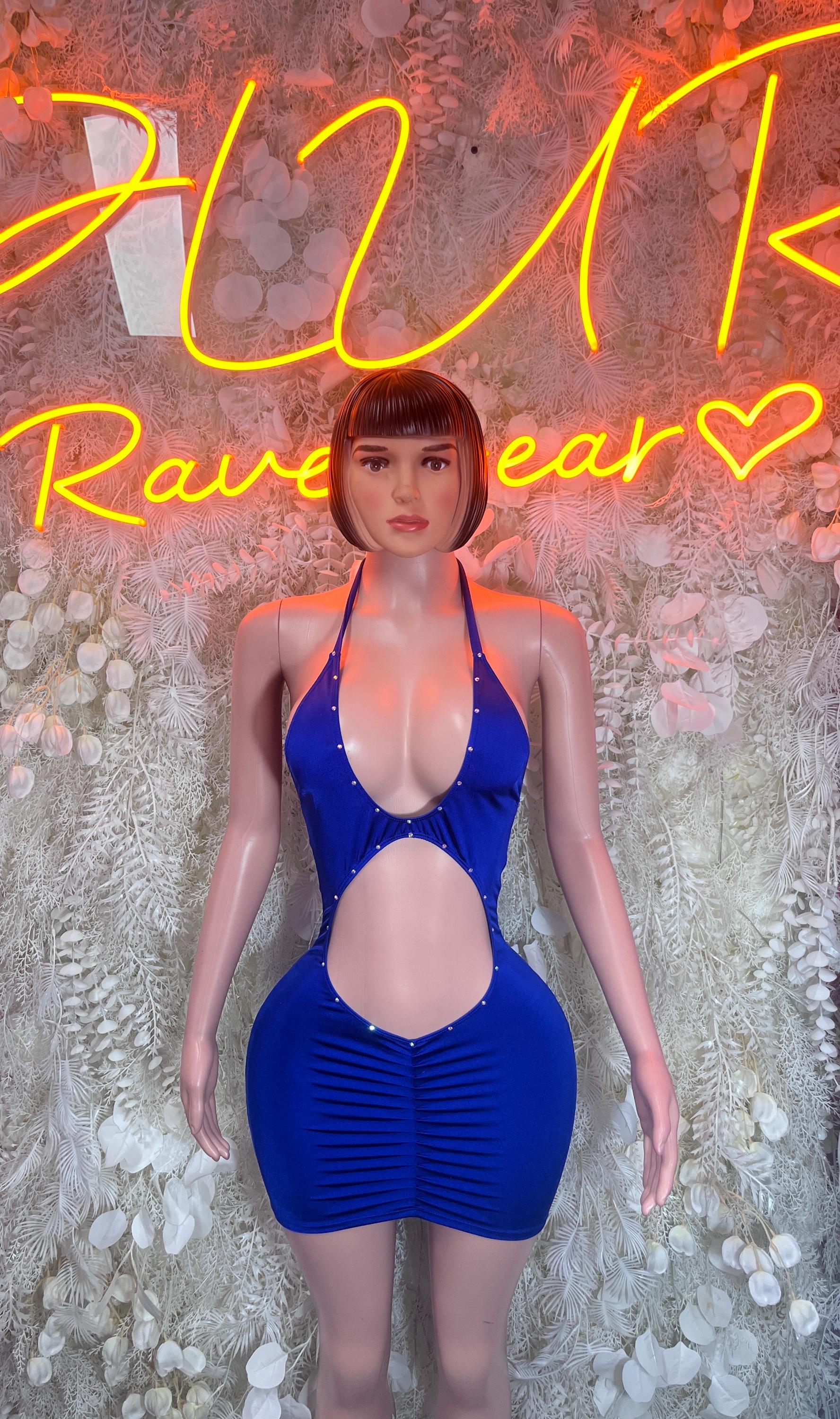Blue halter club dress with V neckline and cheeky cutout bodice