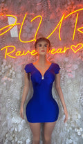 Blue zip-front V-neck mini dress with short sleeves, bodycon fit