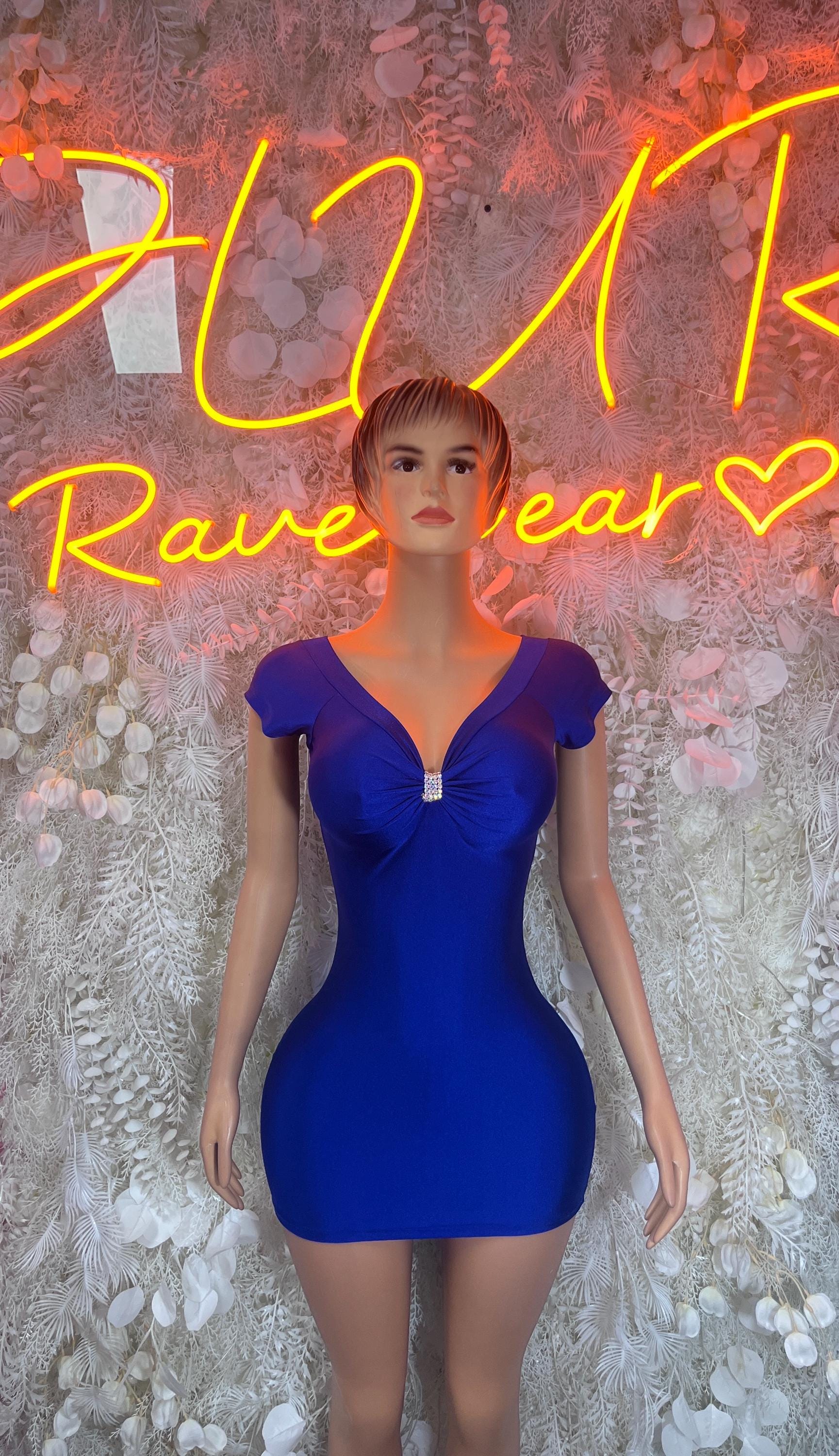 Blue zip-front V-neck mini dress with short sleeves, bodycon fit
