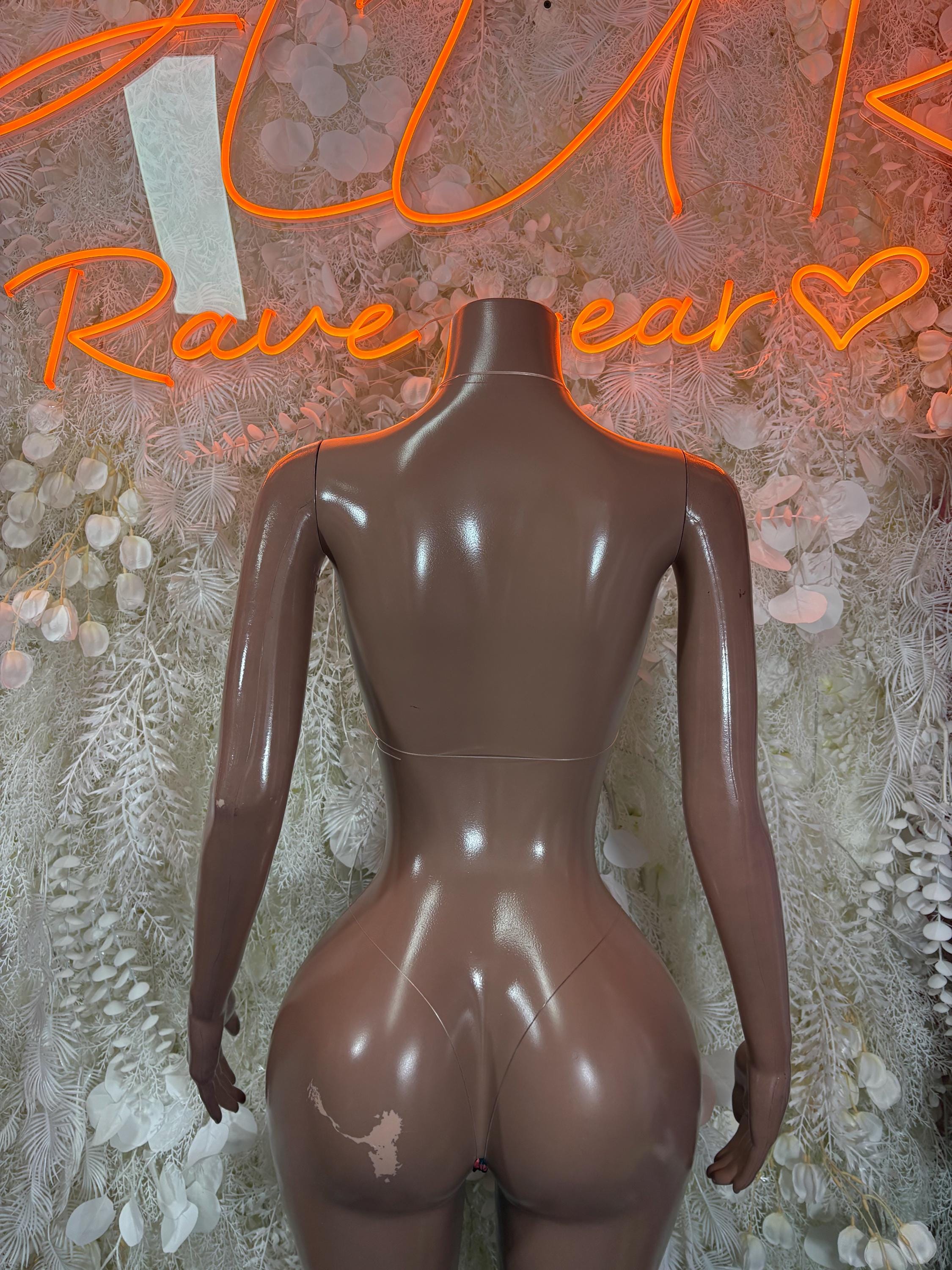 Rave wear bikini lingerie set, back view, minimal black bottoms
