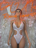 White fishnet festival bodysuit with deep V front and cutout sides