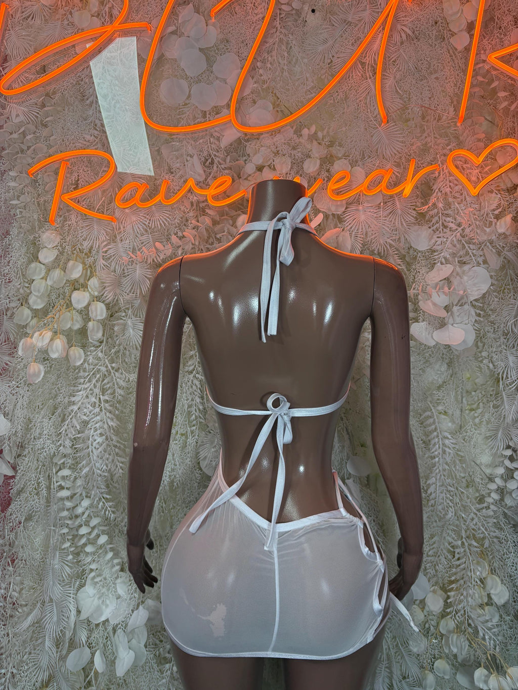 White mesh one-piece dress with open back bow ties and thin straps