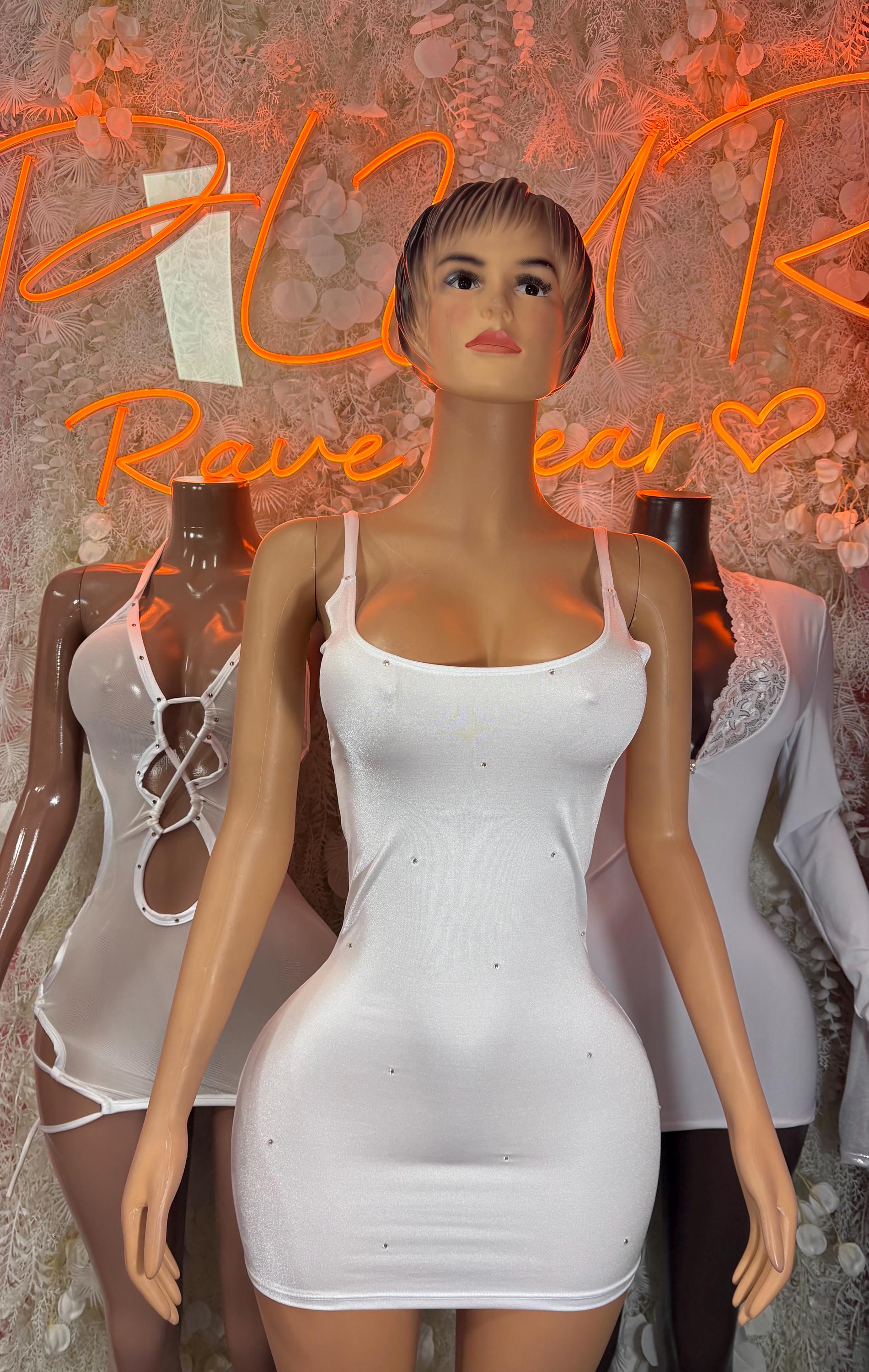White fitted one-piece mini dress with spaghetti straps and scoop neckline, front