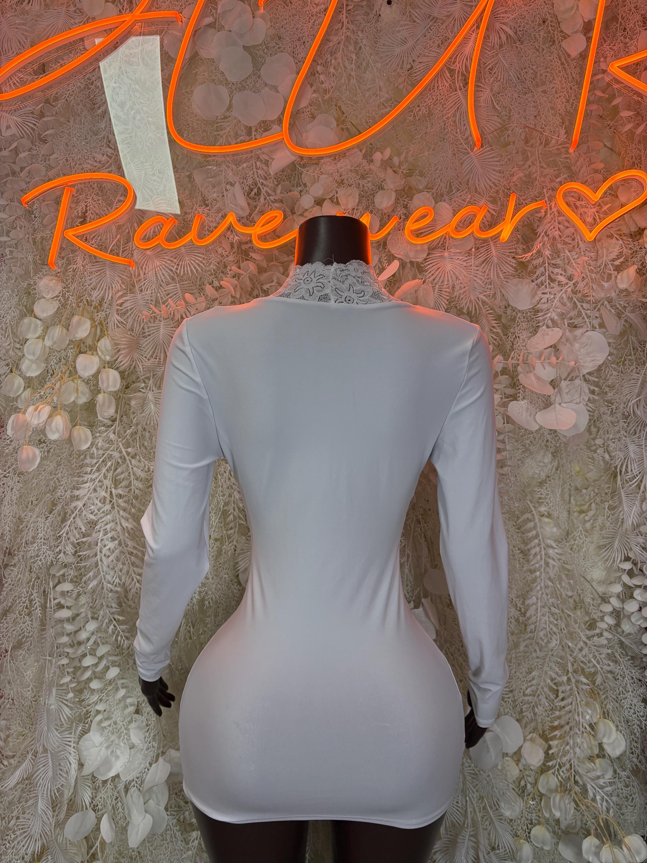 White long-sleeve lace-trim mini dress, back view