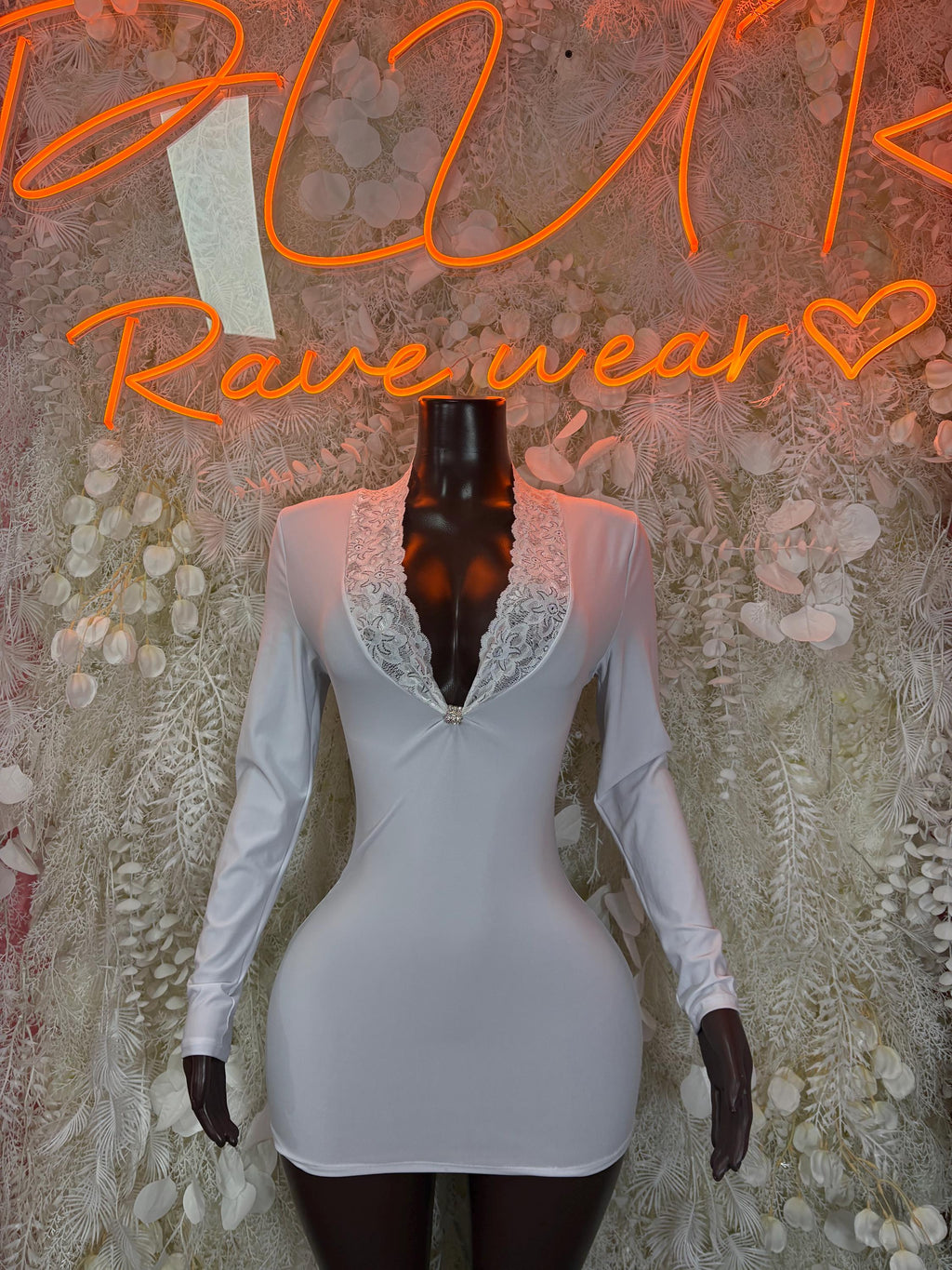 White long-sleeve lace-trim mini dress, fitted V-neck