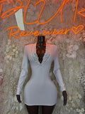 White long-sleeve lace-trim mini dress, fitted V-neck