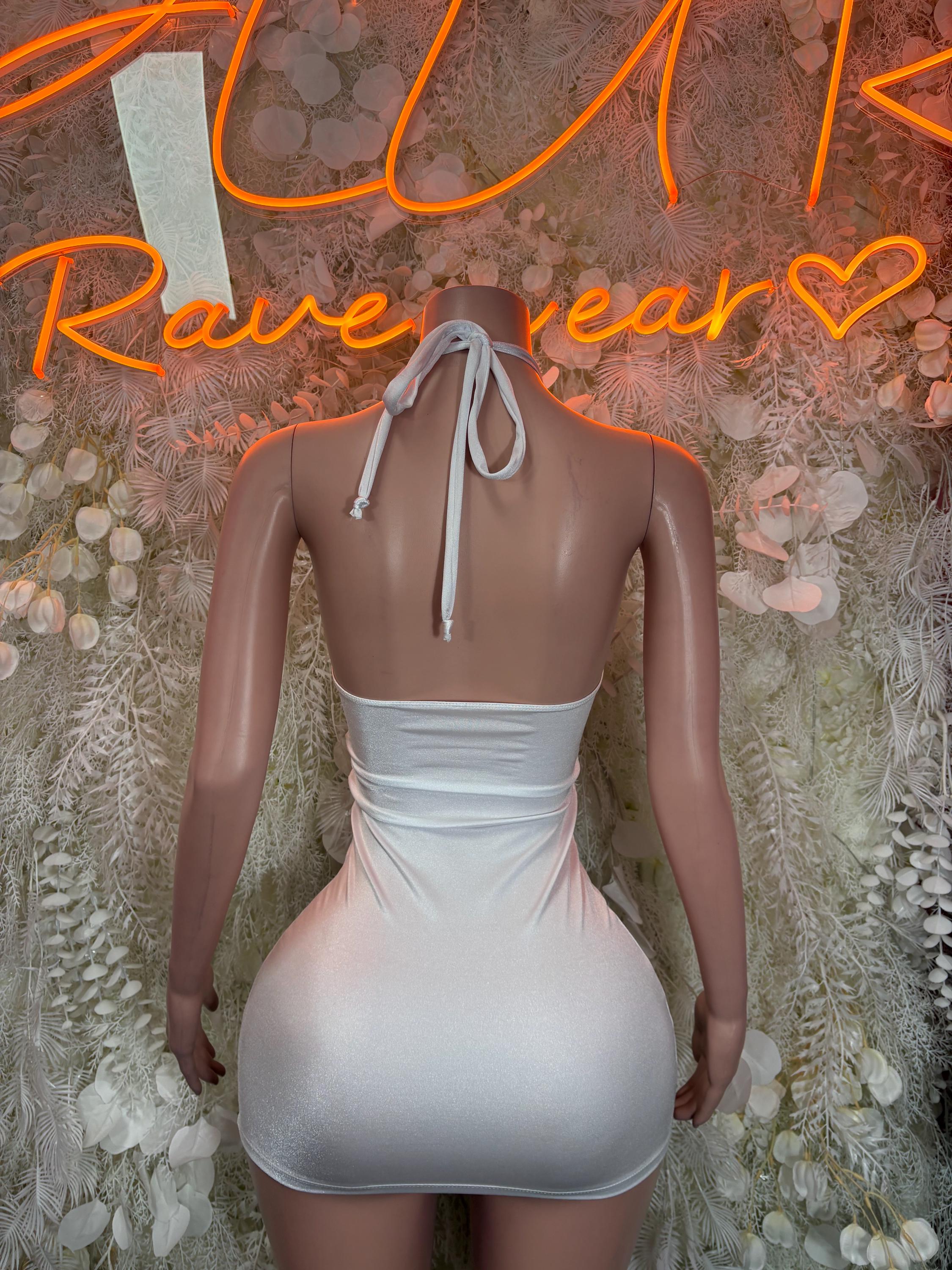 White cutout backless bodycon dress with tied halter straps and open back