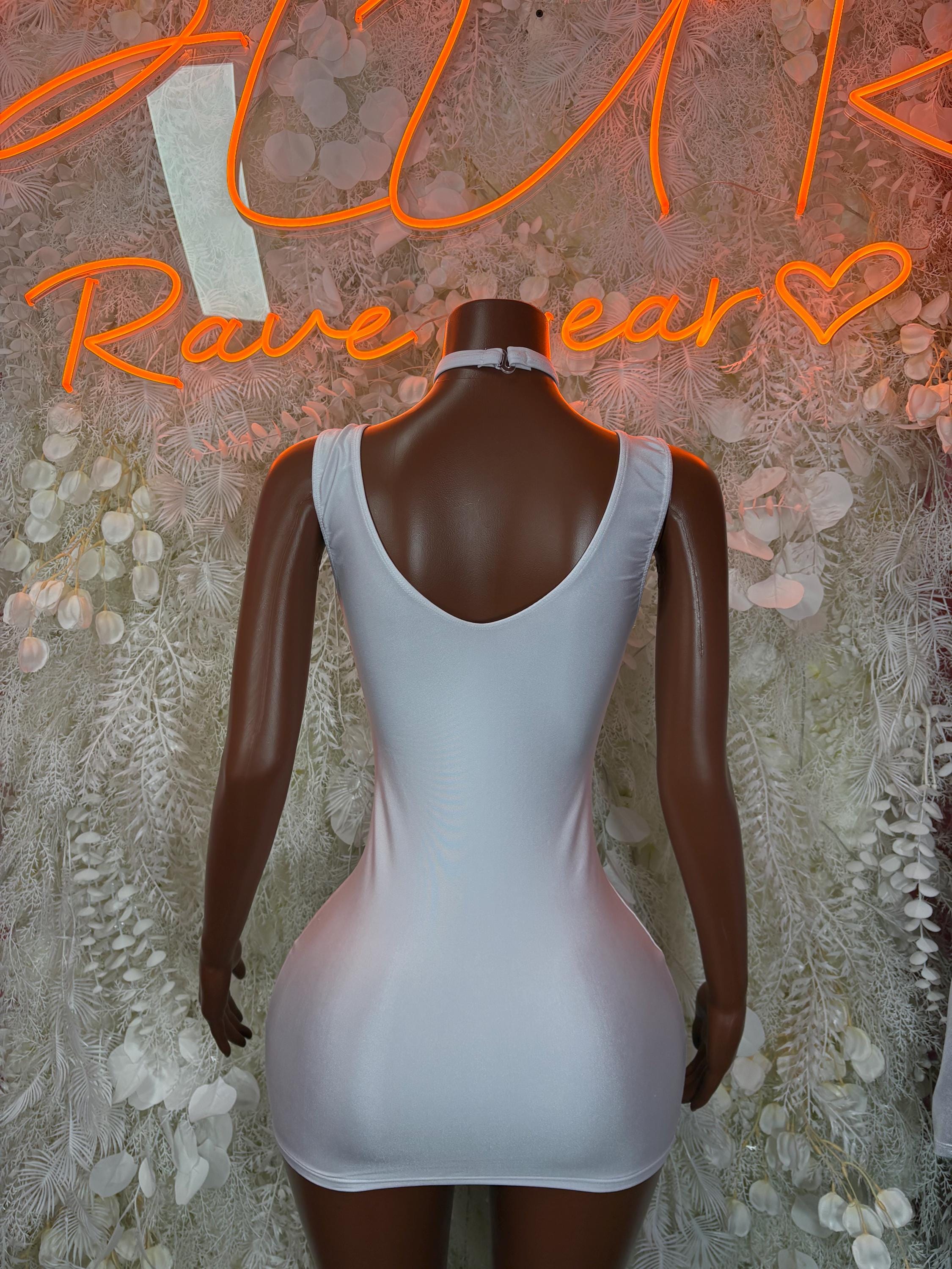 White sleeveless mini dress with scoop neckline and thin straps