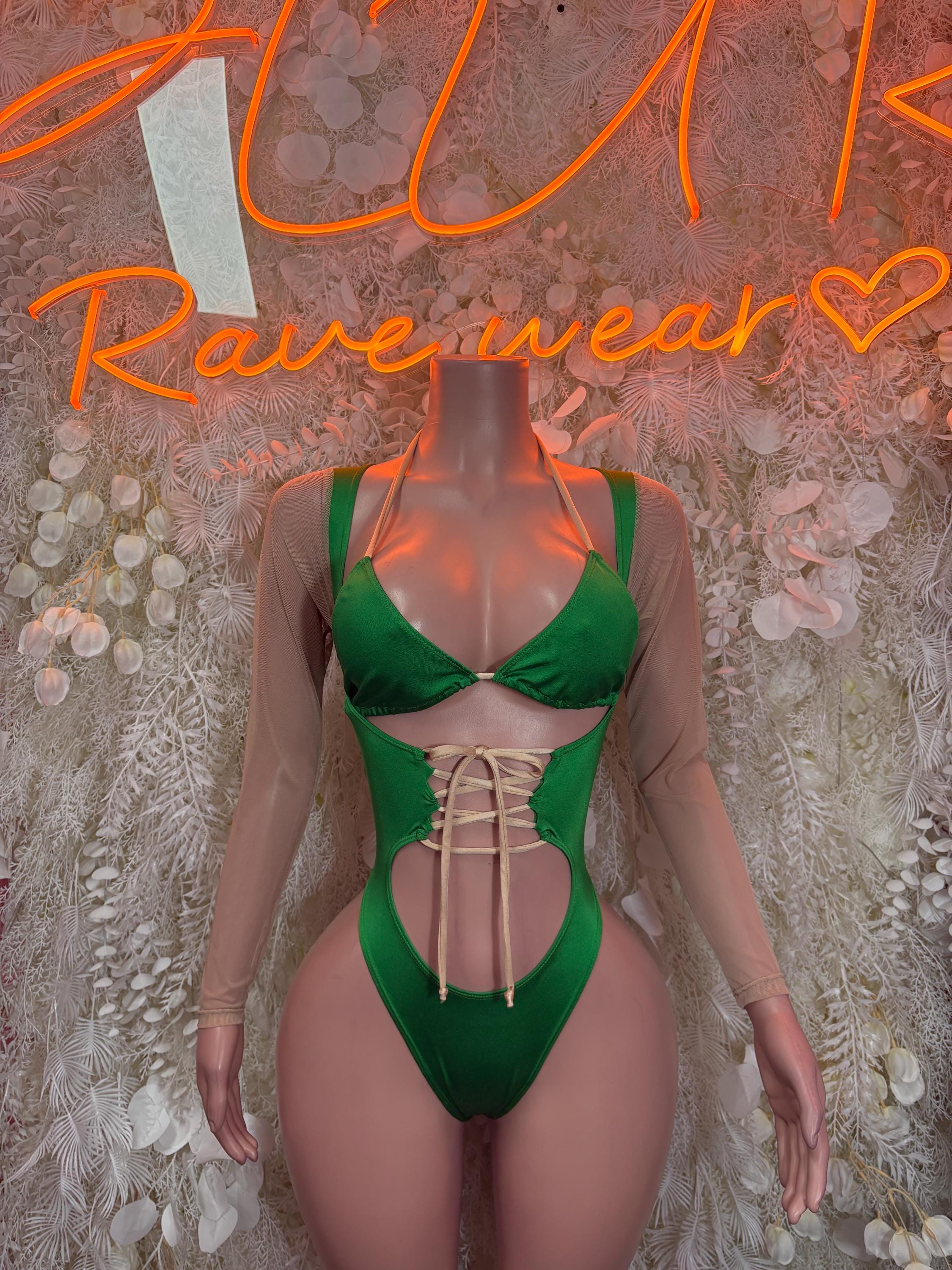 Green strappy lace-up bodysuit with triangle cups and sheer long sleeves