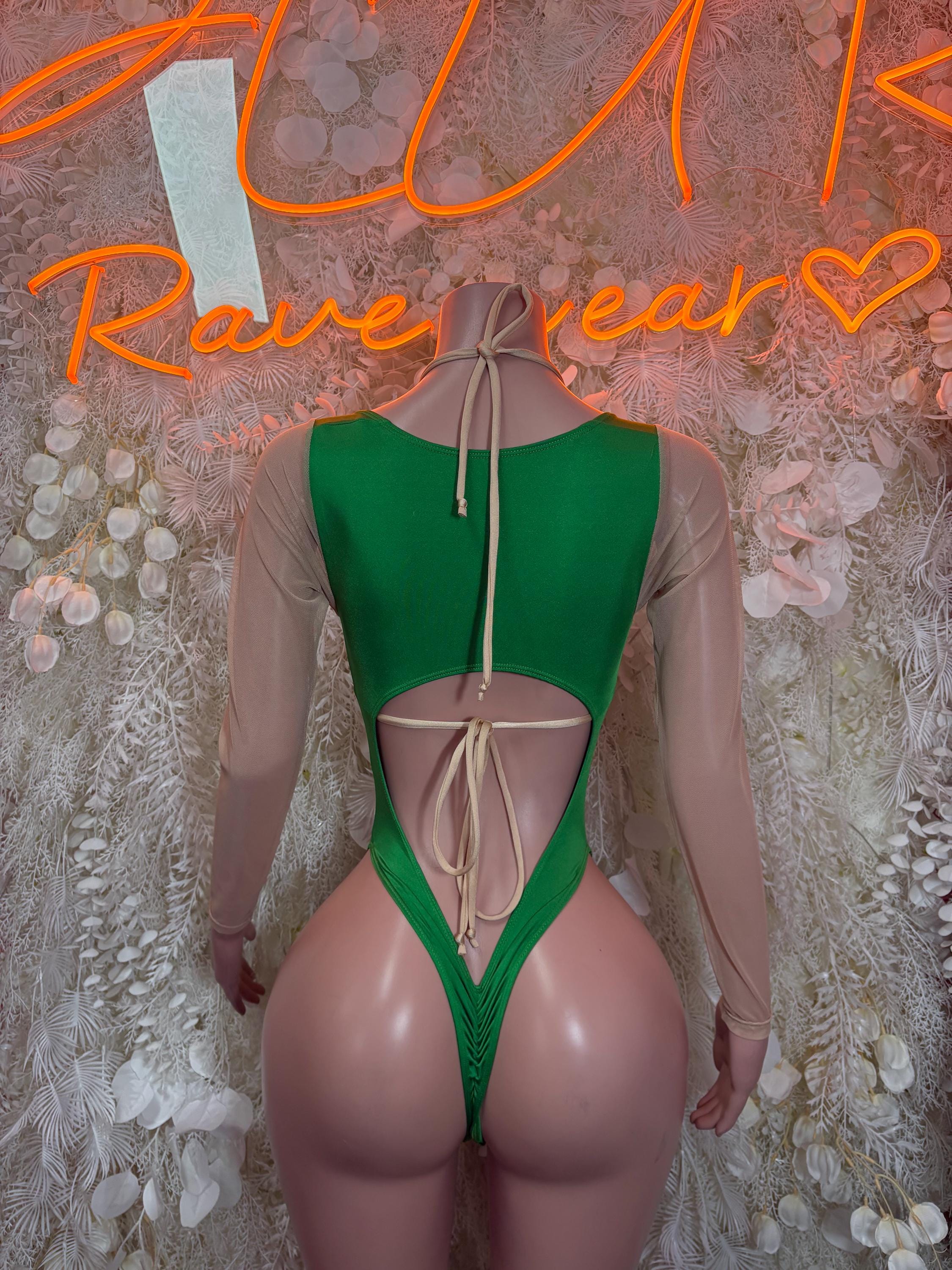 Green thong-style bodysuit with open-back ties and sheer long sleeves