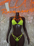 Neon green rhinestone triangle bikini set, halter top and thong bottoms