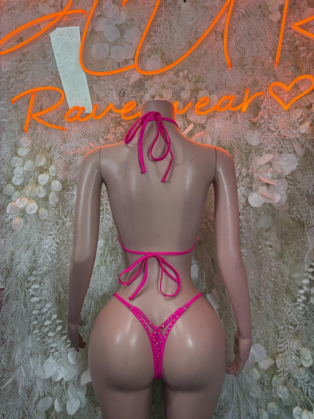 Pink rhinestone bikini set, back view with tie-string straps and thong bottoms