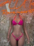 Pink rhinestone bikini set with triangle bra and matching bottoms