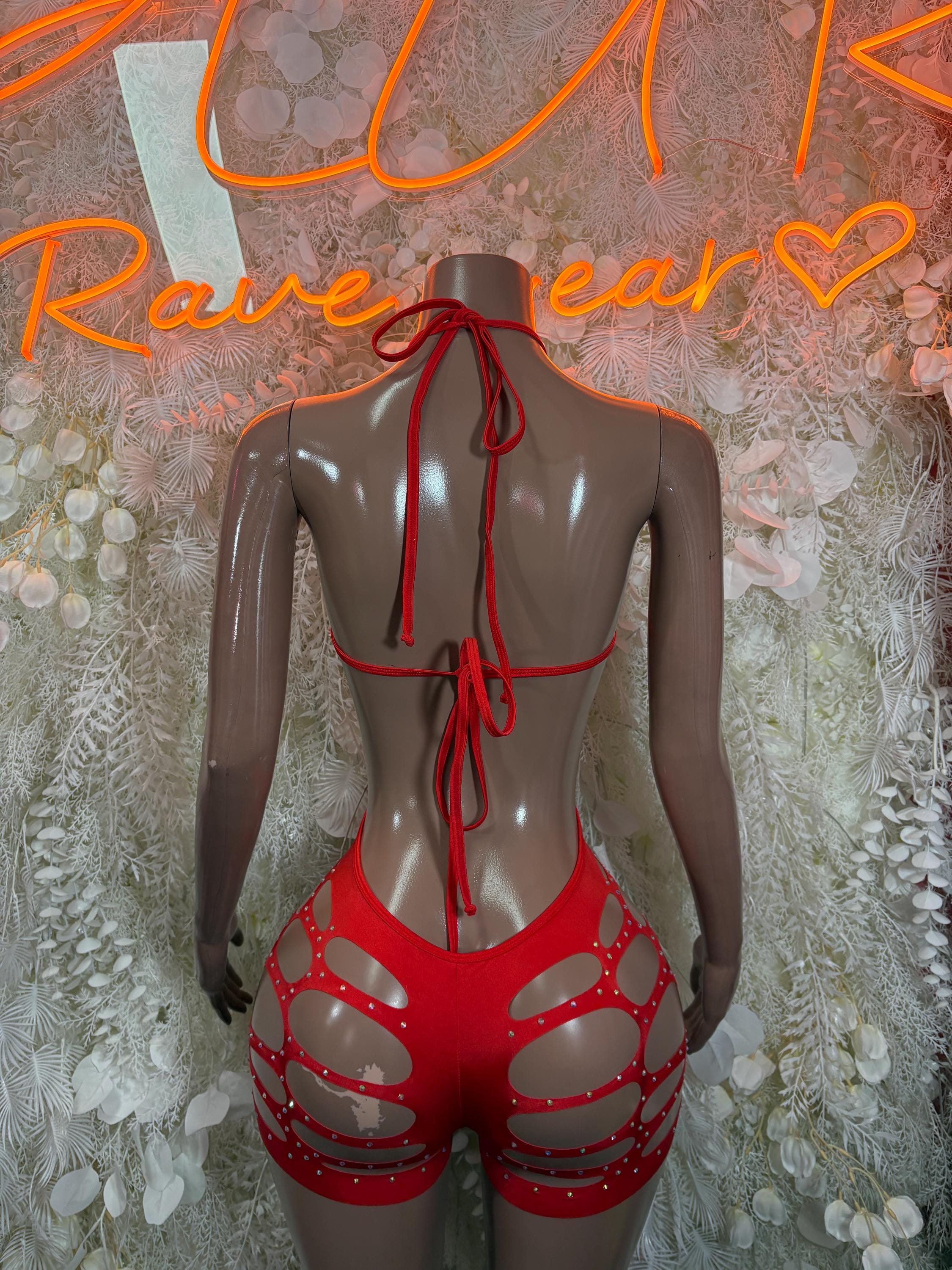Red rhinestone cut-out bodysuit with open back and lace-up ties