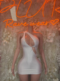 White sleeveless mini dress with halter neckline and ring detail