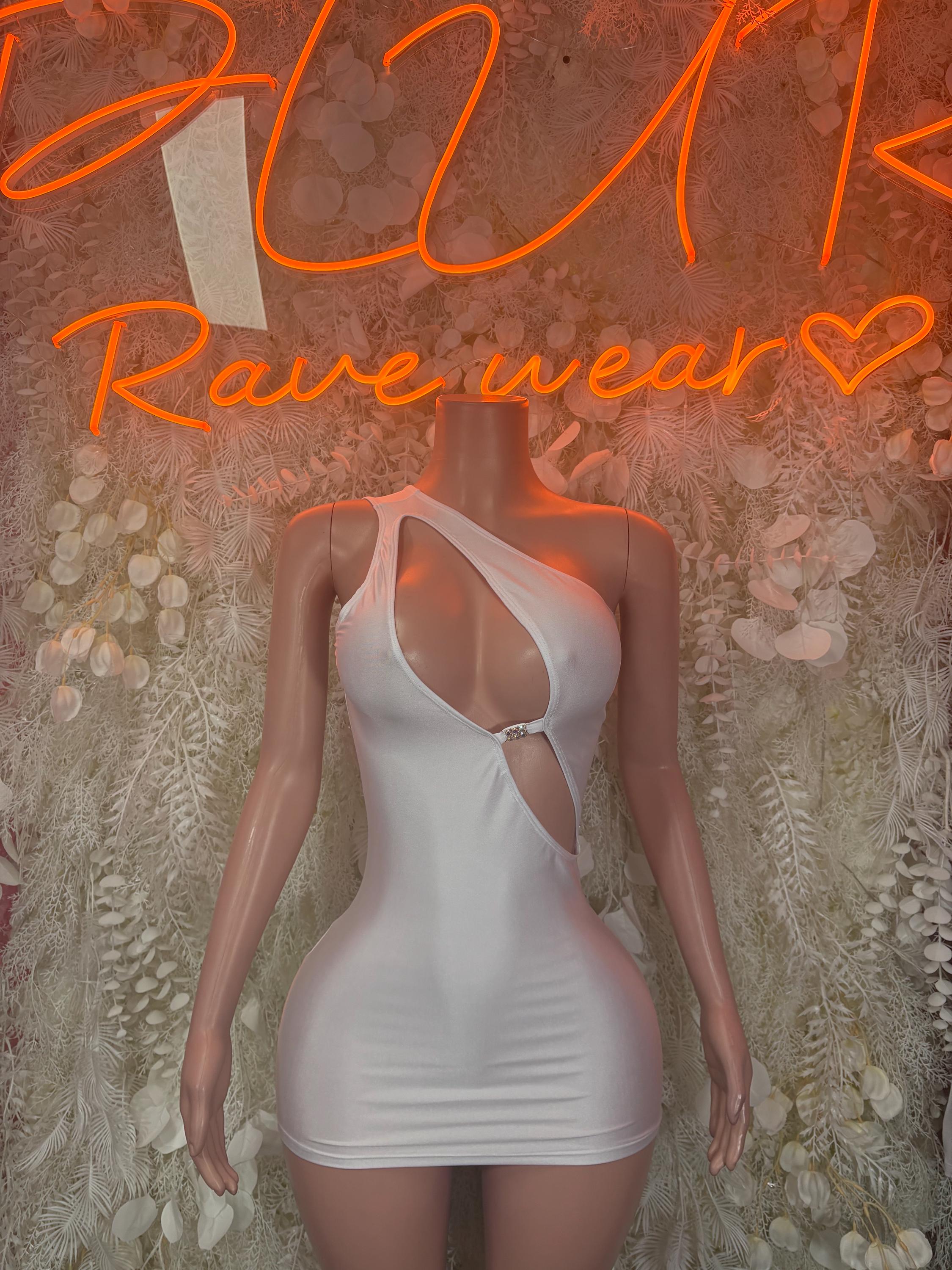 White sleeveless mini dress with halter neckline and ring detail