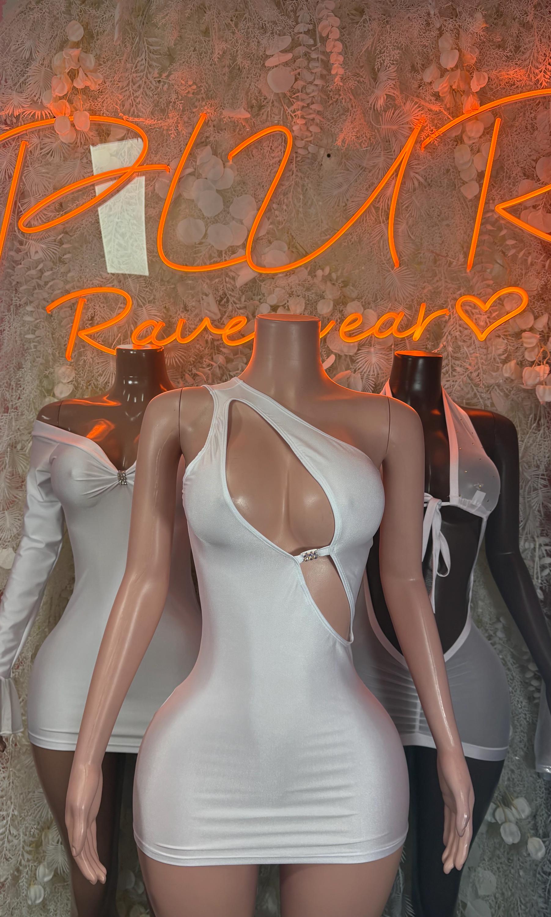 White mesh bodycon mini dress with halter neckline and chest cutout straps