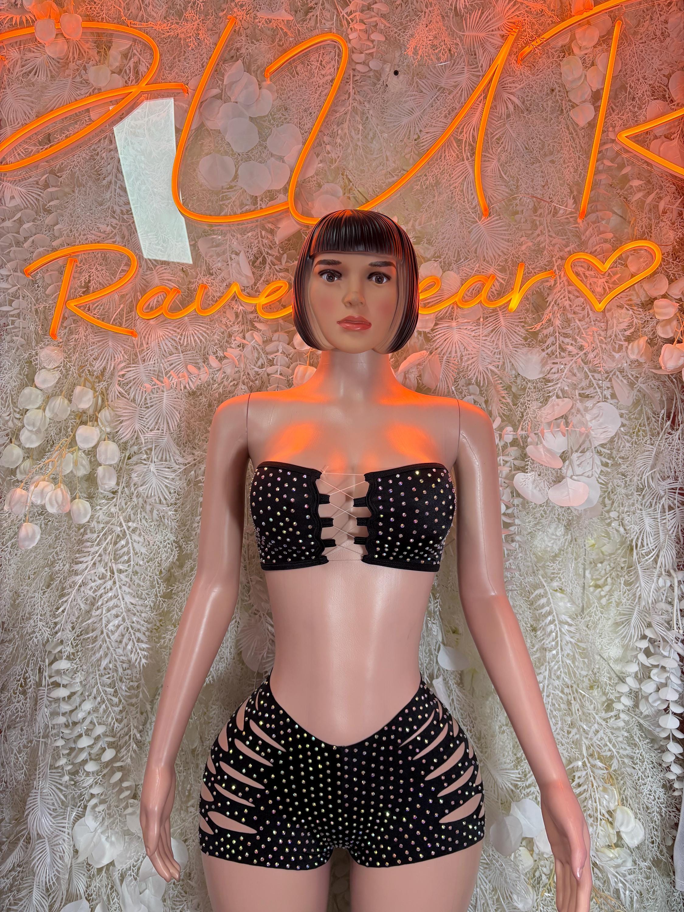 Black rhinestone bandeau top and high-waist shorts two-piece dance outfit