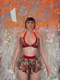 Floral skirt set with red-trim bra top and rose-print ruffled mini skirt