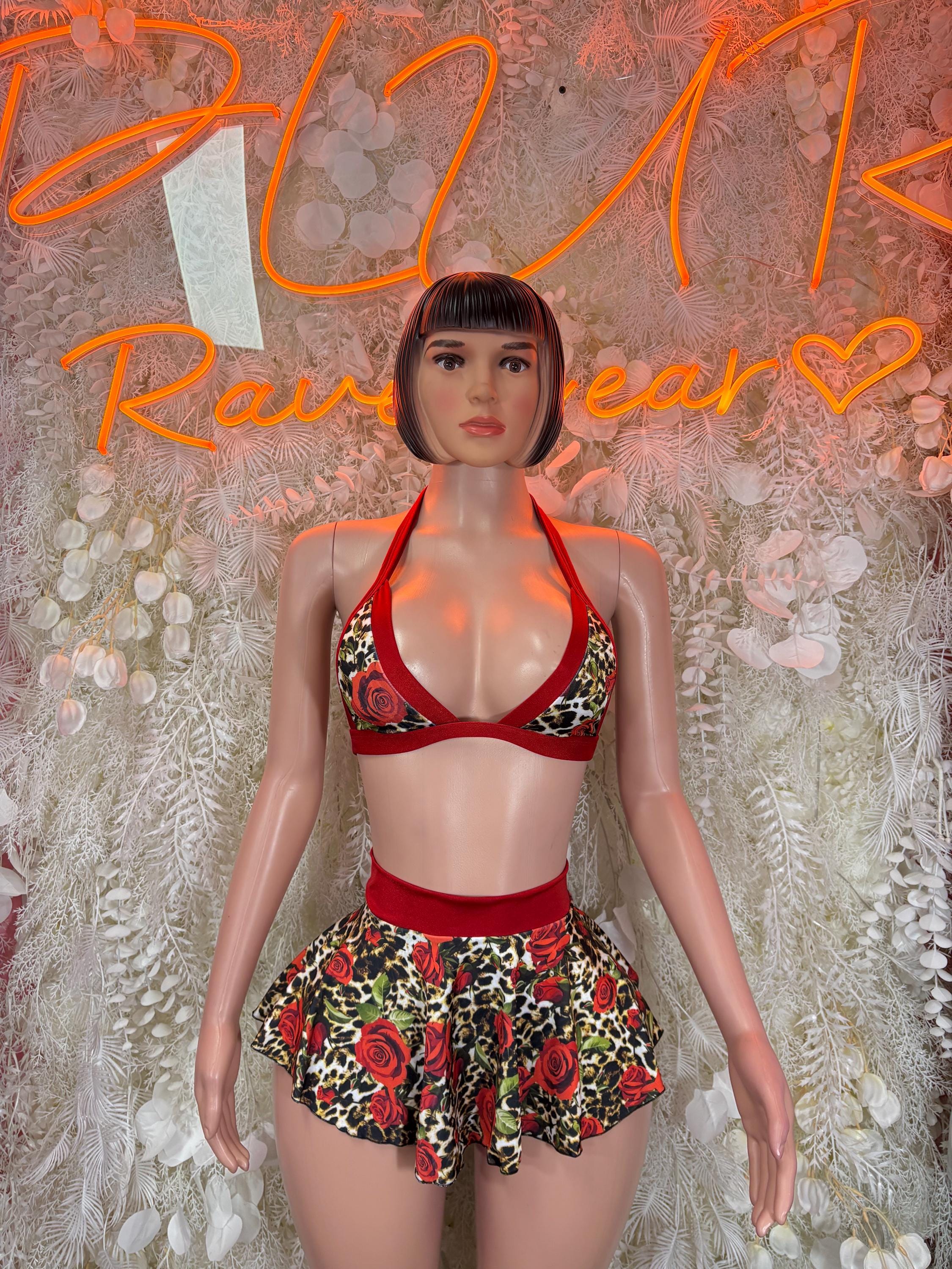 Floral skirt set with red-trim bra top and rose-print ruffled mini skirt