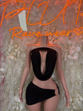 Black strapless top with V cutout and high-waist mini skirt, two-piece set