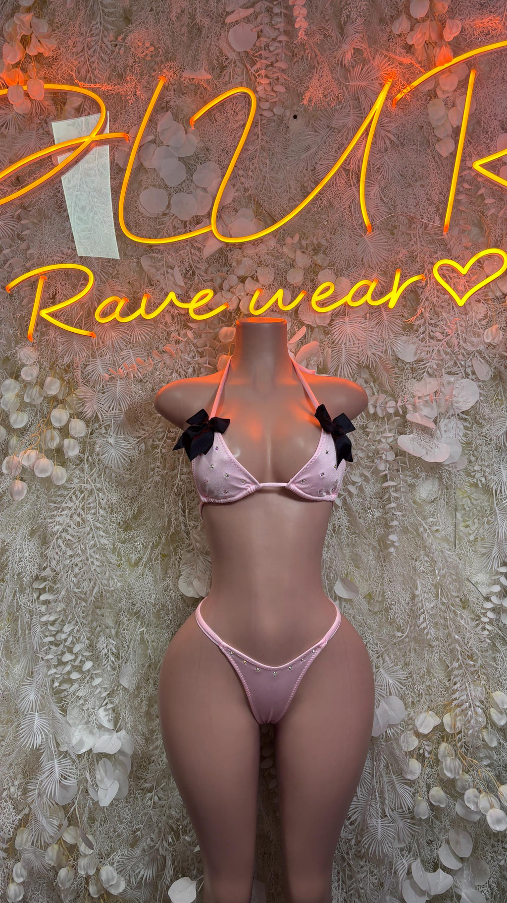 Pink rhinestone bikini set with triangle cups and tie-string bottoms