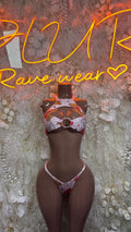 Pink-and-white printed triangle bikini set, ring detail at center back