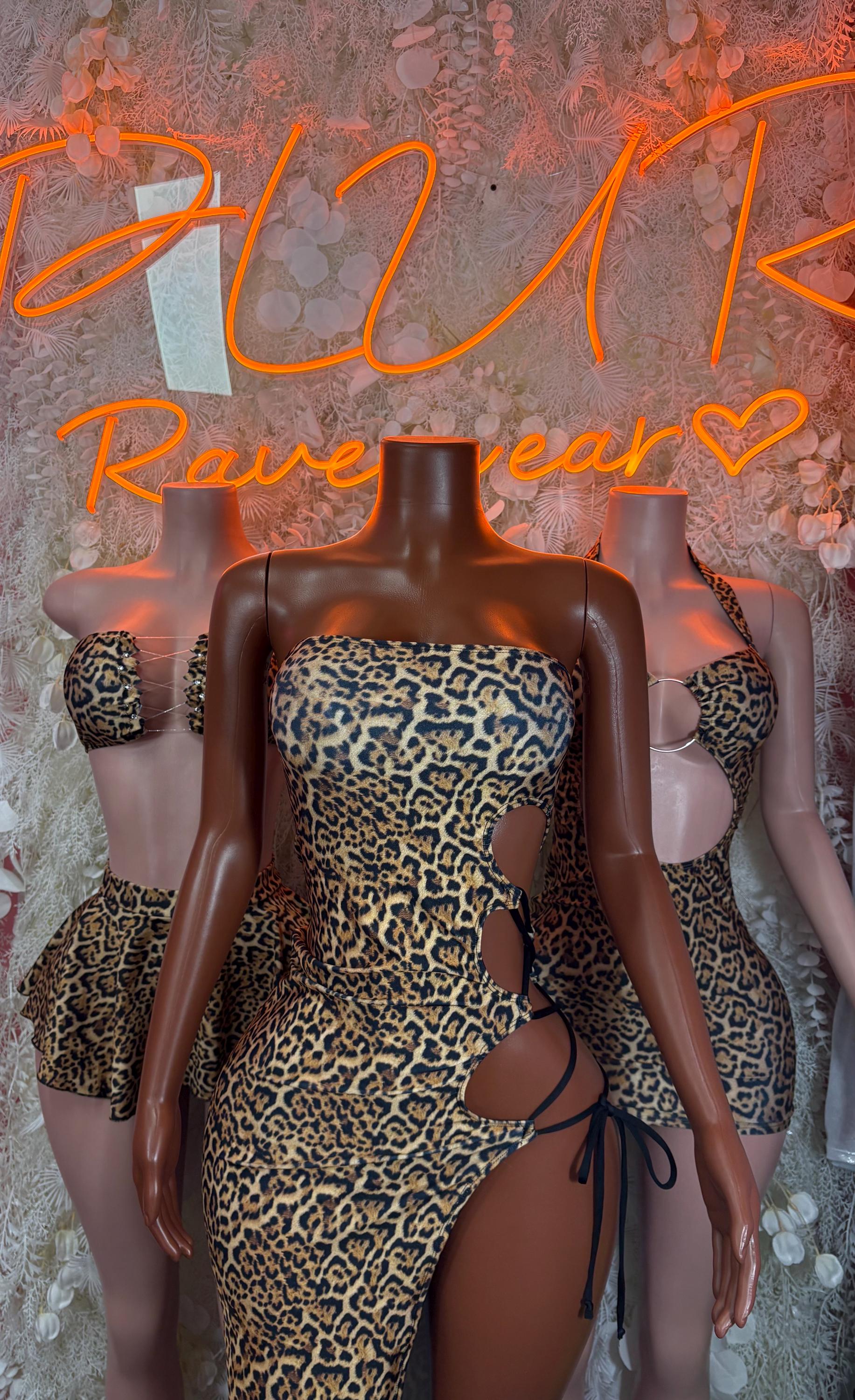 Leopard print cutout crop top and ruffled mini skirt set with tie