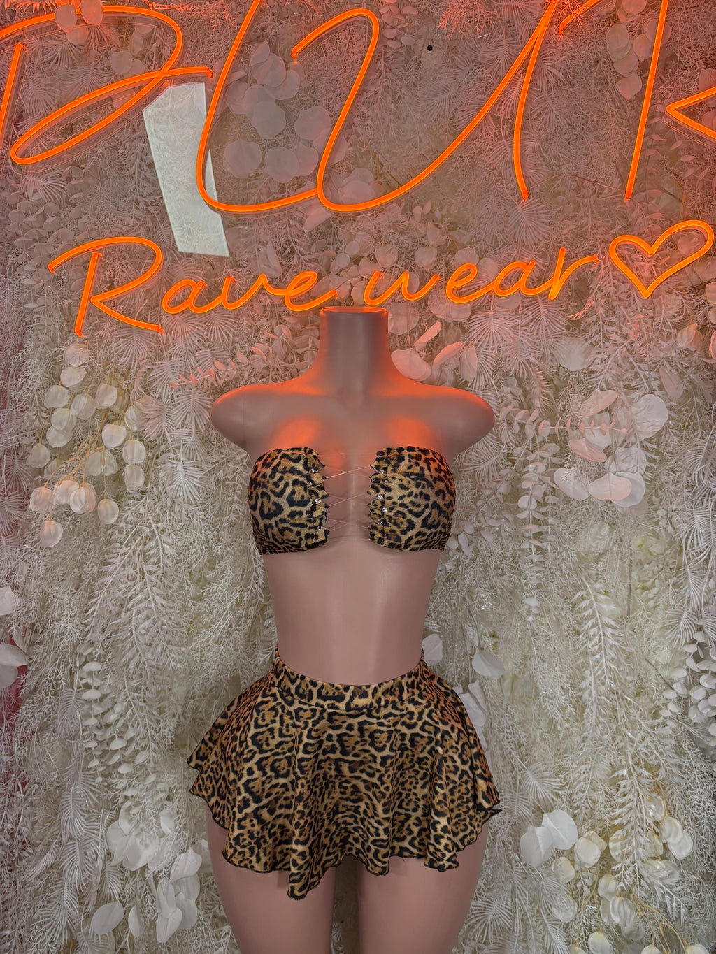Leopard print crop top and ruffled mini skirt set